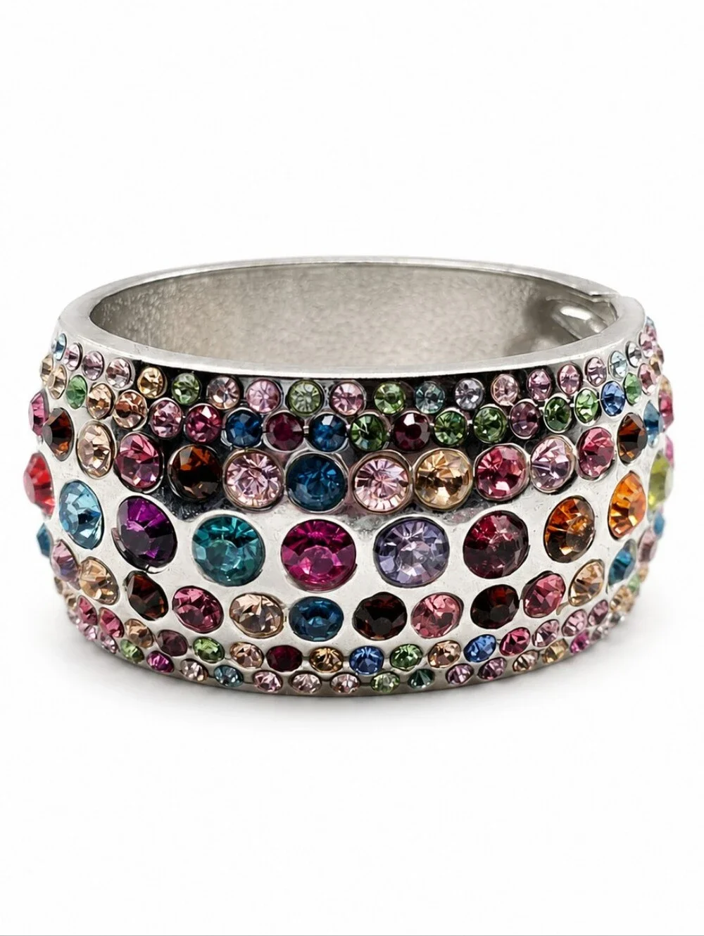 💎Wide Silver Tone Multicolor Crystal Hinged Cuff Bangle Bracelet Statement